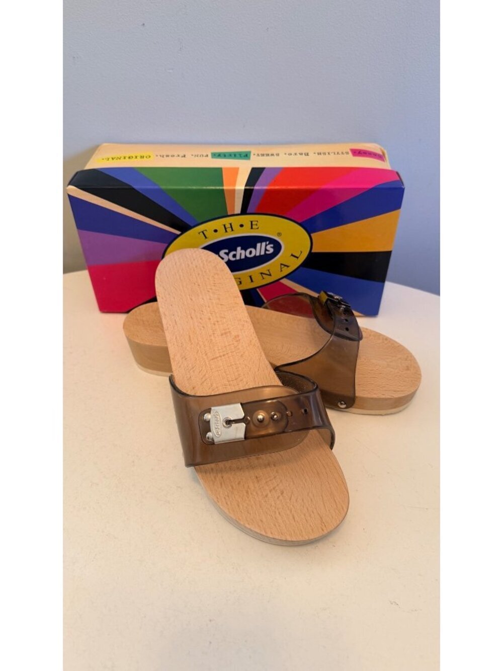 Dr Scholls Women Size 9 M Wood Exercise Clog Sandal Smoke Gray Vinyl Slide New